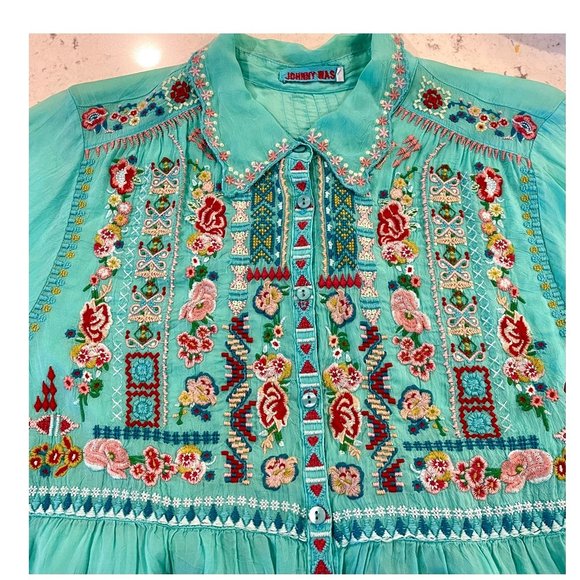 Gorgeous Johnny Was Floral Embroidered Blouse ~ Tiffany Blue ~ Boho Chic - Picture 8 of 14